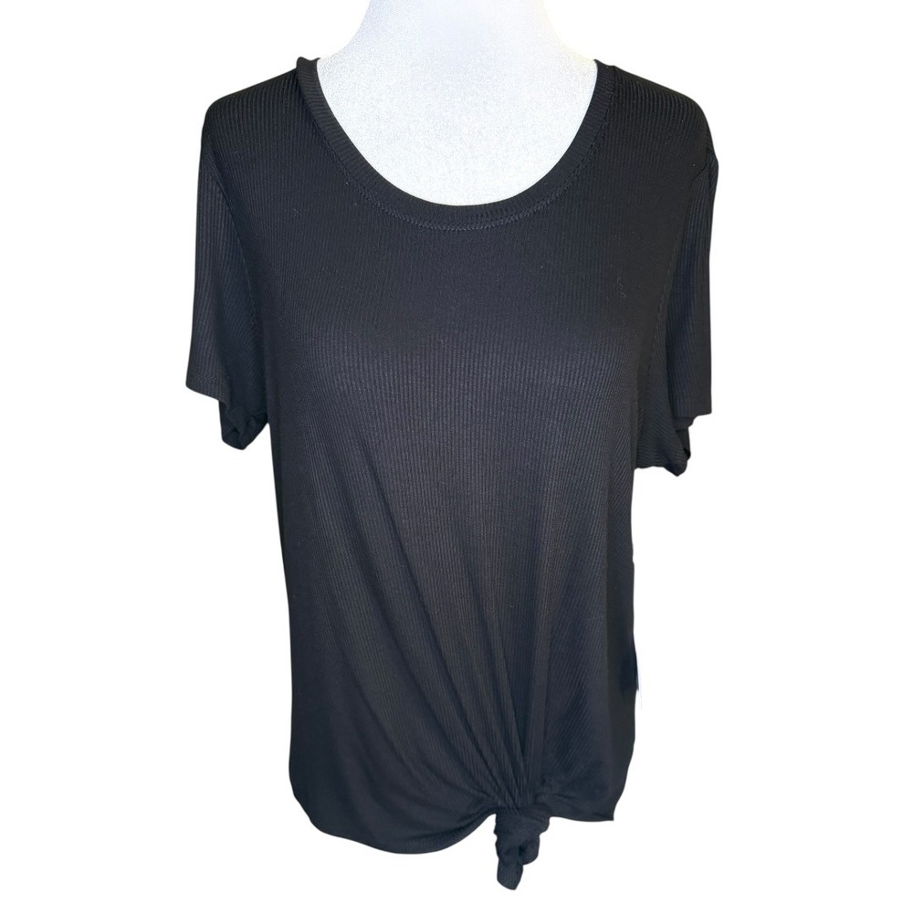 1.STATE Womens Ribbed Front Tie Knot Short Sleeve Top Black Medium NWT